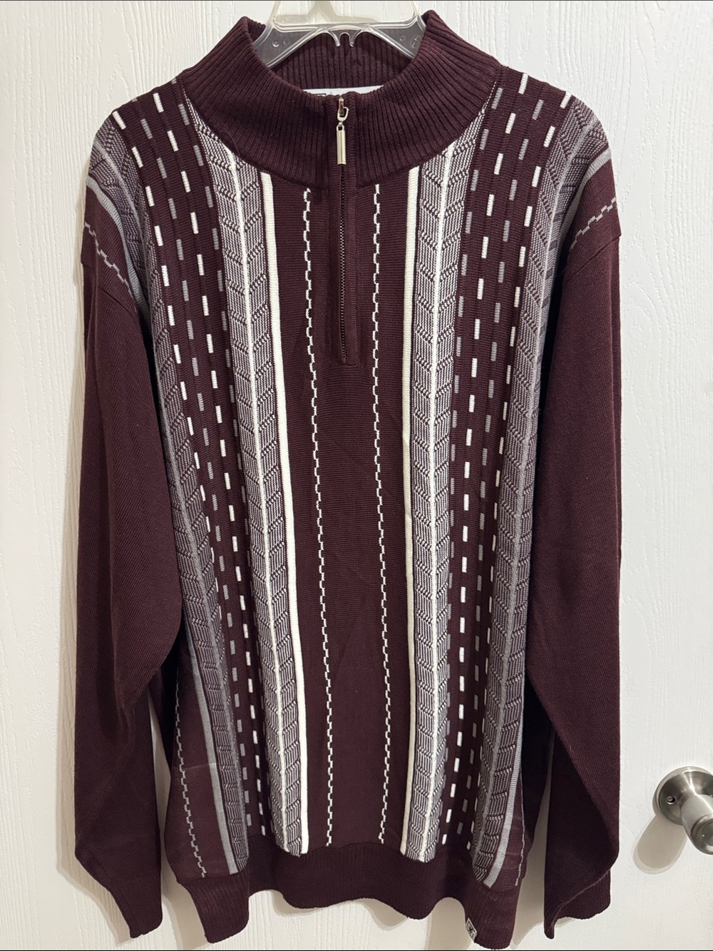 Stacy Adams Men’s Tri Vertical Jacquard Sweater XL Mock Neck Quarter Zip Maroon